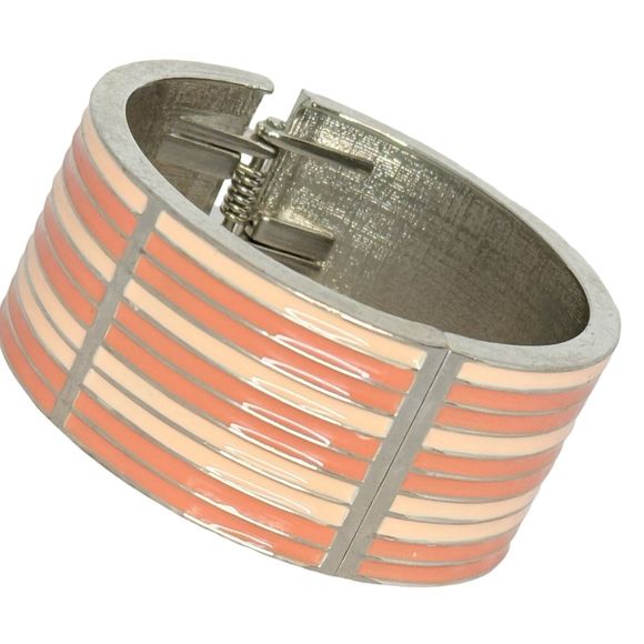 Pink Striped Wide Clamper Bracelet 7"  Silver Tone Bangle - Picture 4 of 10